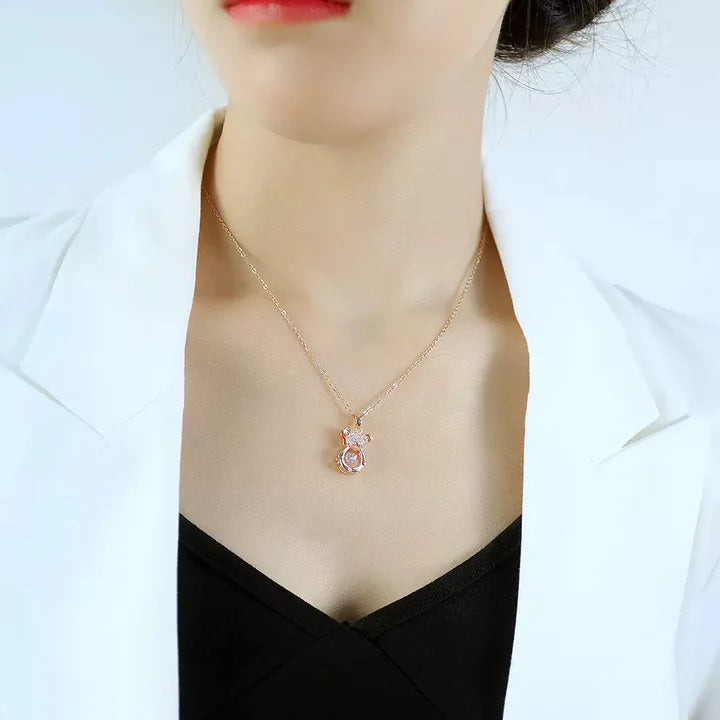 Rose Gold Plated Stainless Steel Zircon Moving Diamond Teddy Bear Necklace Pendant