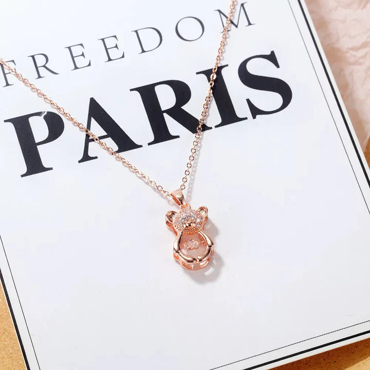 Rose Gold Plated Stainless Steel Zircon Moving Diamond Teddy Bear Necklace Pendant