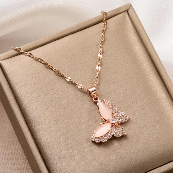 Non Tarnish Zircon Diamond Opal Butterfly necklace pendant