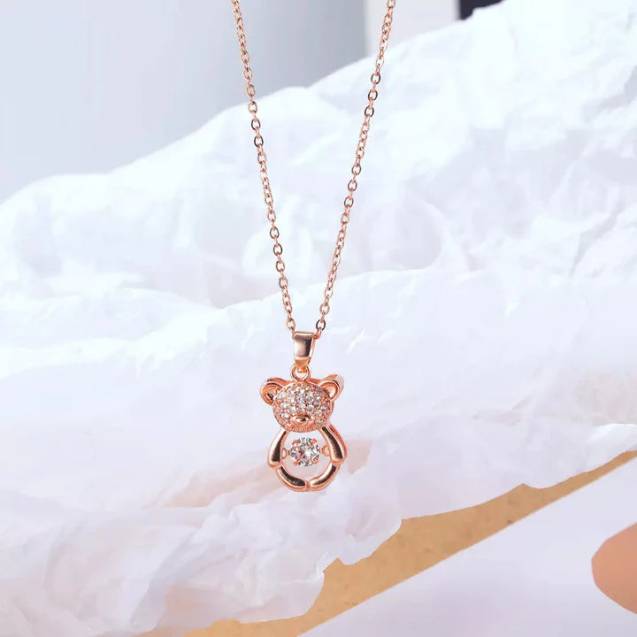 Rose Gold Plated Stainless Steel Zircon Moving Diamond Teddy Bear Necklace Pendant