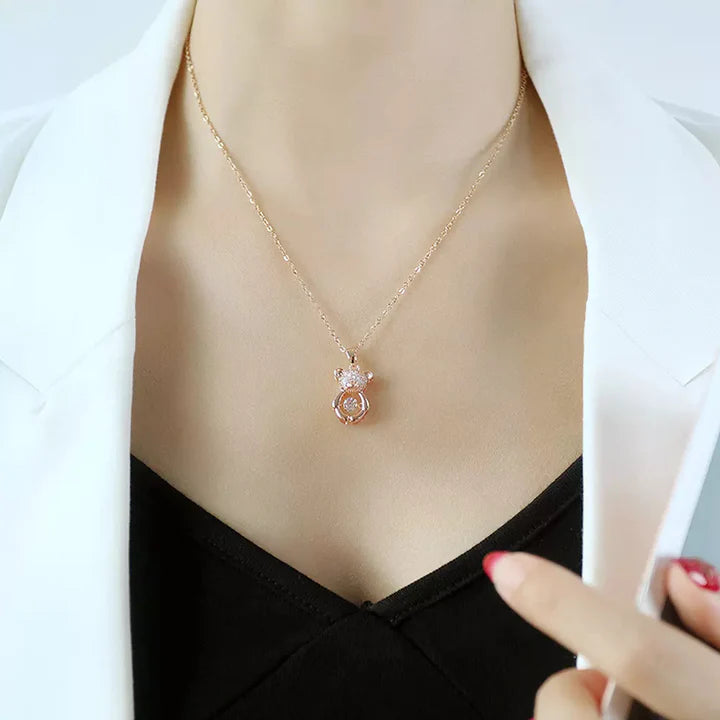 Rose Gold Plated Stainless Steel Zircon Moving Diamond Teddy Bear Necklace Pendant