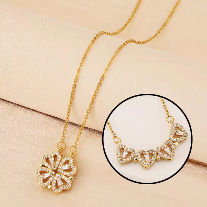 Real 18K Gold Plated Magnetic 4 Four Heart Pendant Leaf Clover Necklace