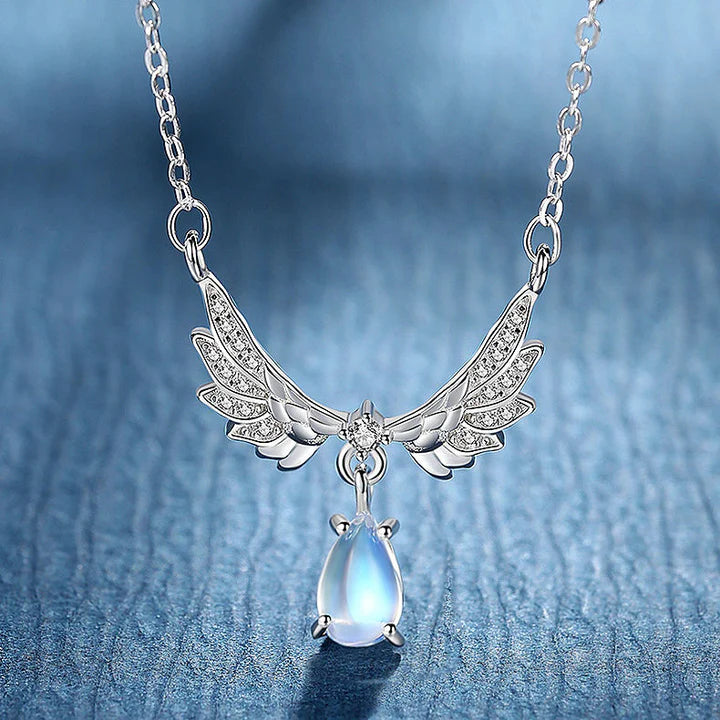 925 Silver Angel Wings Guardian Real Moonstone Necklace
